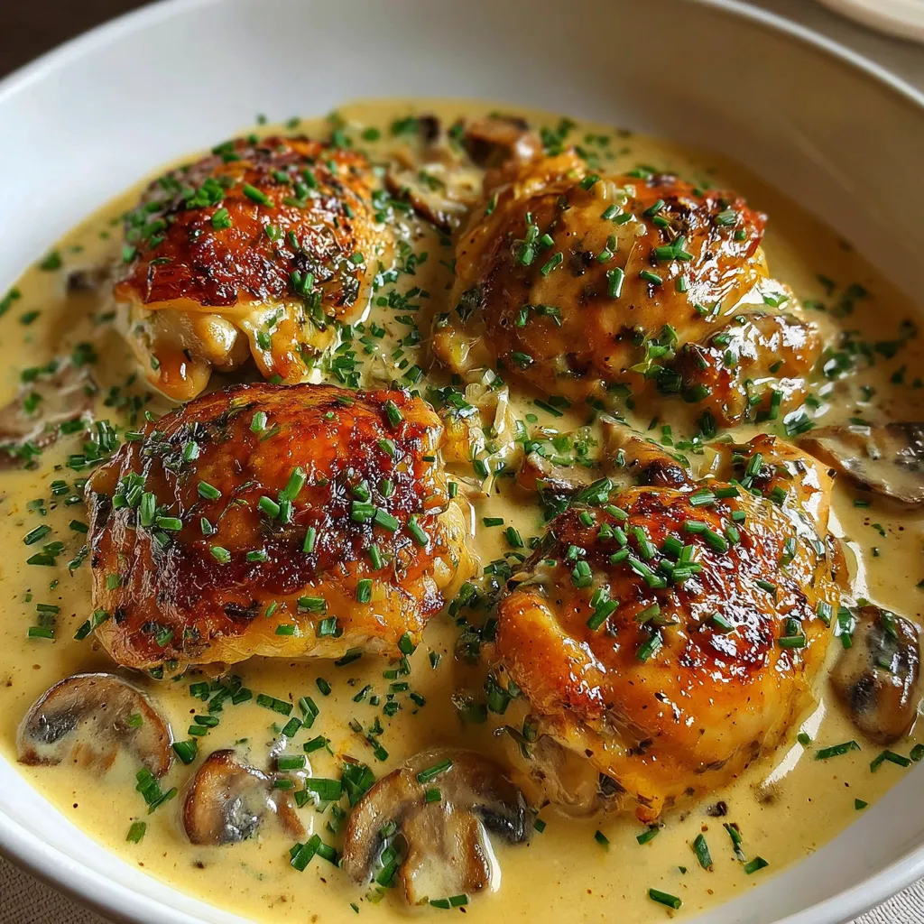 Ein weißer Teller mit einer cremigen Sauce und grünen Zwiebeln, die mit gegrillten Chicken-Stücken und mushroom-topped chicken-stücke garniert sind.