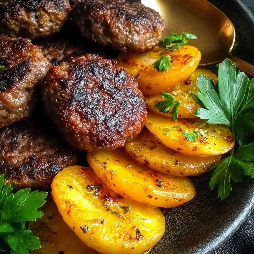 Eine Schüssel mit grünen Zwiebeln und gegrillten Würstchen, die in einem goldenen Teller mit einer goldenen Gabel dargeboten werden.