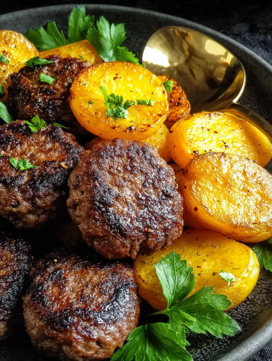 Eine Sch&uuml;ssel mit schwarzen Fleischballen und gr&uuml;nen Bl&auml;ttern.