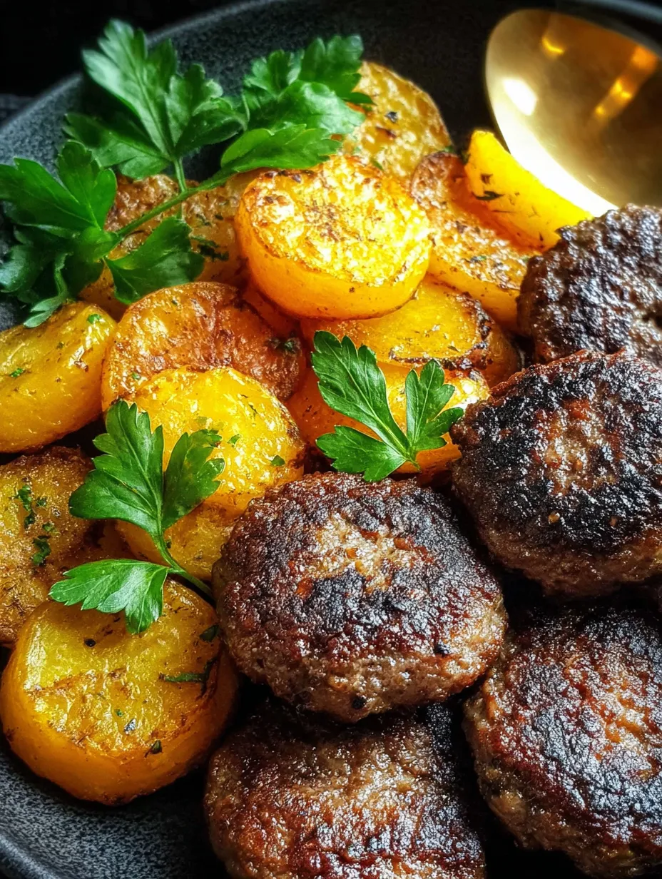 Eine Sch&uuml;ssel mit saurem Fleisch, gegrillten Zwiebeln und Kartoffeln.