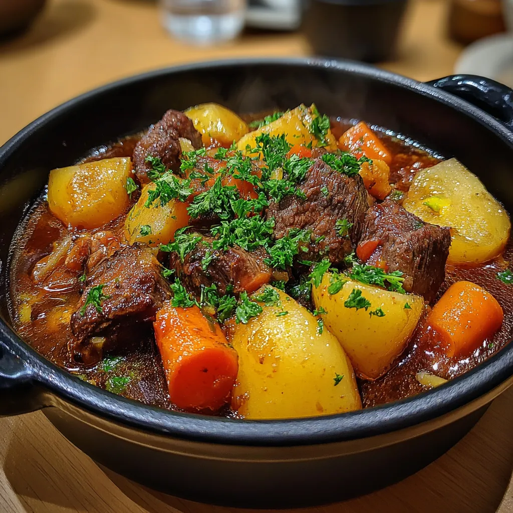 Ein schwarzes Kochgeschirr mit einer Mischung aus Fleisch, Gemüse und Kartoffeln.