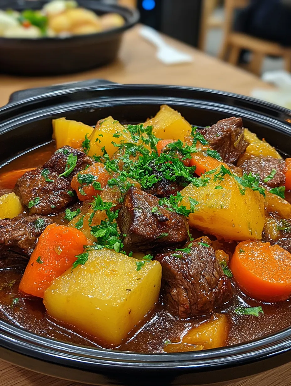 Ein schwarzes Kesselchen mit einer Mischung aus Fleisch, Gemüse und Gewürzen.