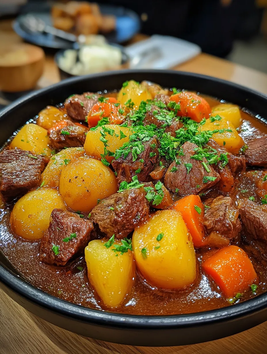 Ein schwarzes Töpfchen mit einer Mischung aus Fleisch, Gemüse und Kartoffeln.