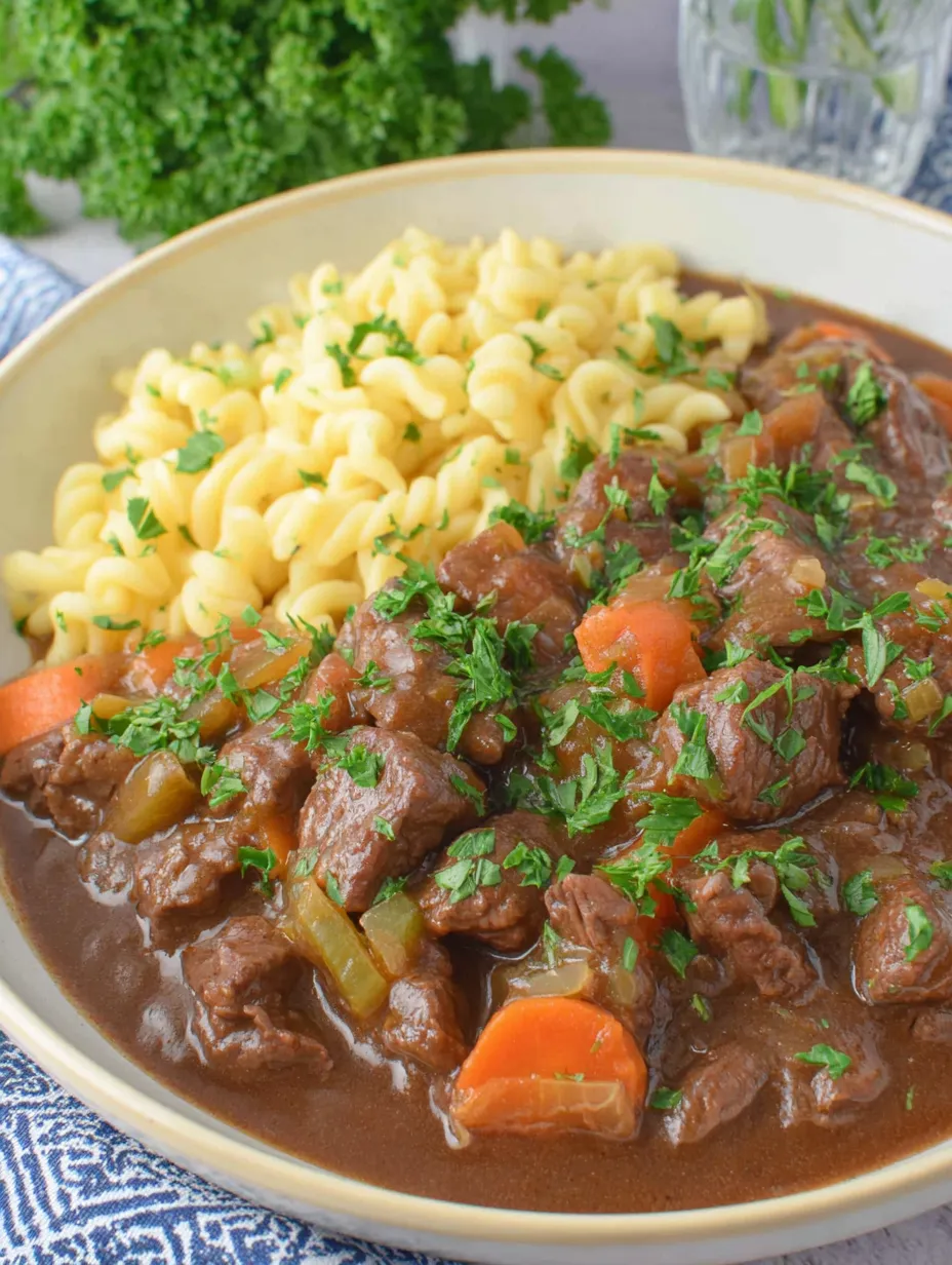 Ein Schälchen mit gegrilltem Fleisch, macaroni und karamellisierten Zwiebeln.