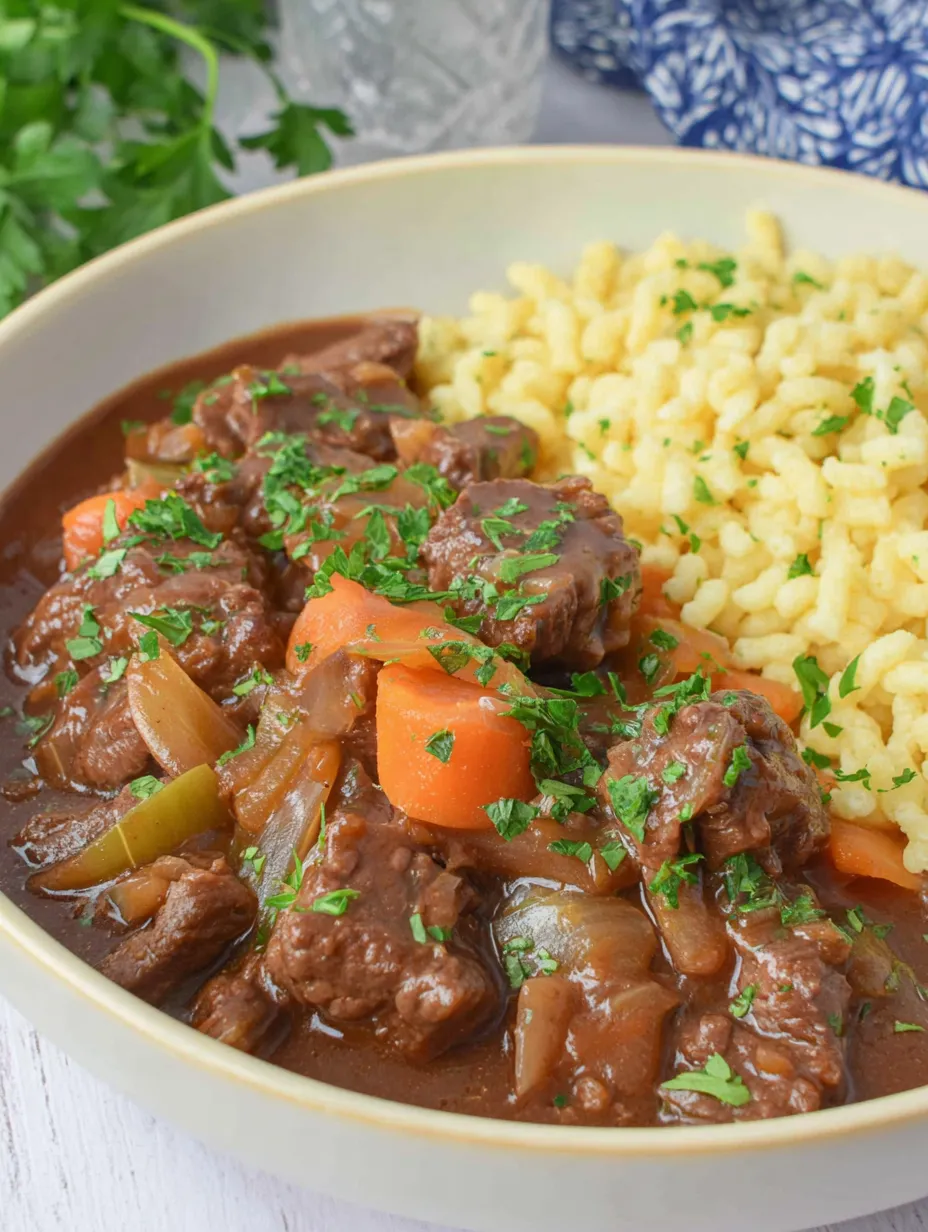 Ein Schmorbraten mit Kartoffeln, Zwiebeln und Karotten in einer Schüssel.