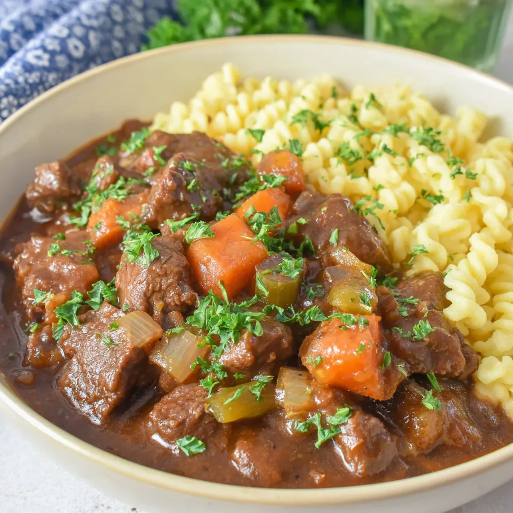 Ein Schälchen mit gegrilltem Fleisch, Kartoffeln, Zwiebeln, Karotten und Macaroni.