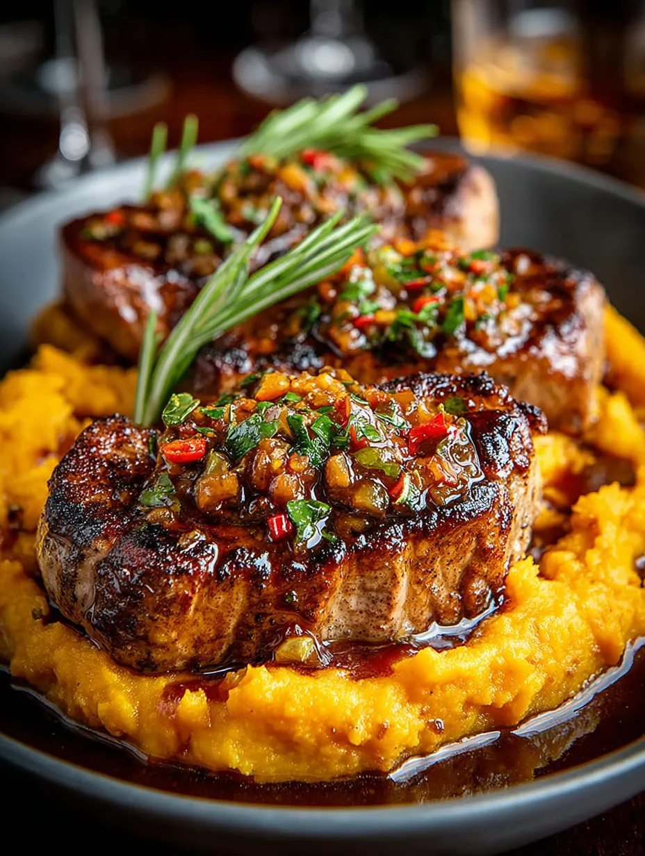 Eine Platte mit gegrillten Steaks, die mit einer Sauce garniert sind.