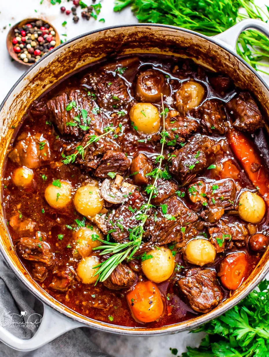 Ein Topf mit Rindfleisch, Zwiebeln und Karotten.