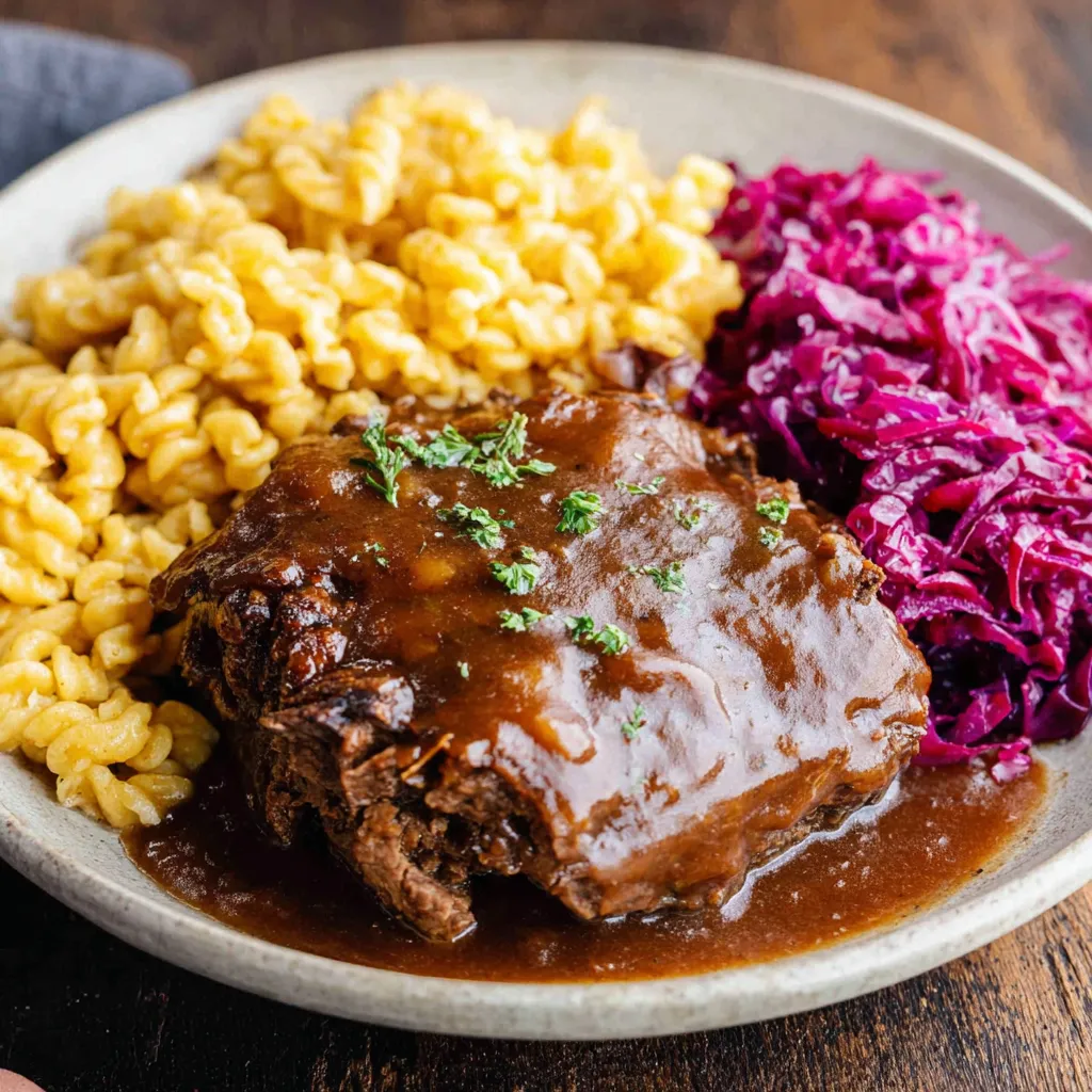 Ein Schinkenstirffer mit Sauce auf einem Teller.