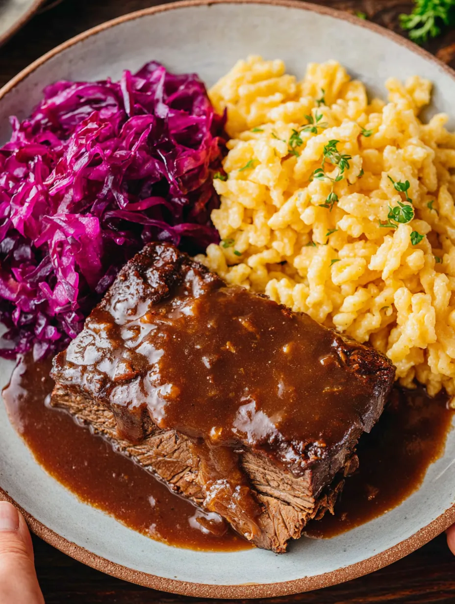 Ein Plate mit gegrilltem Steak, Kartoffeln, Sauerkraut und Pudding.