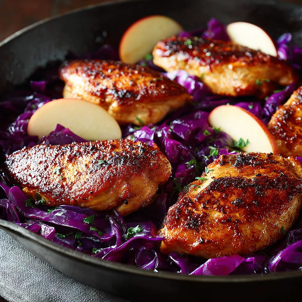 Ein Schinkenstirf in einem Schalen, der mit Sauerkraut und Apfel garniert ist.