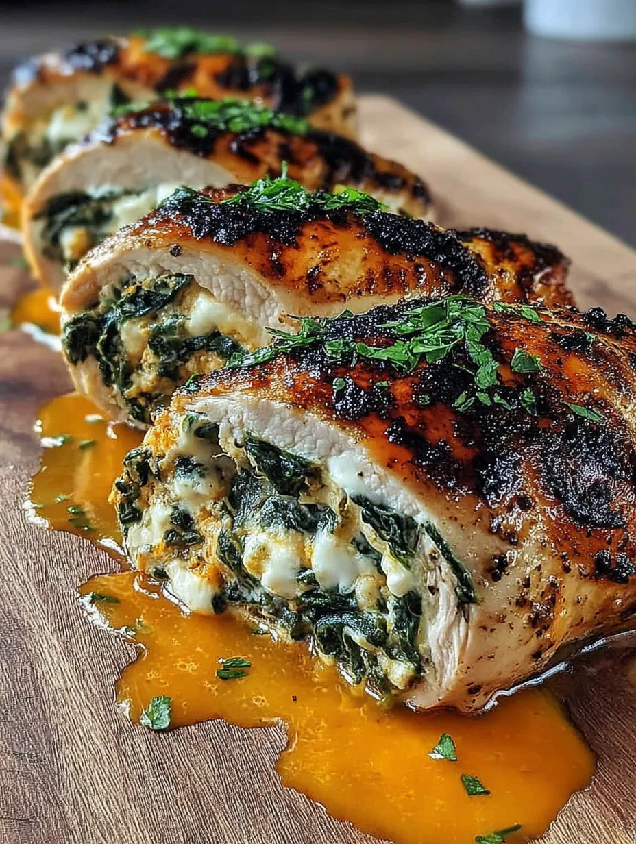 Ein St&uuml;ck gebratenes Chicken mit Spinat auf einem Holzblock.