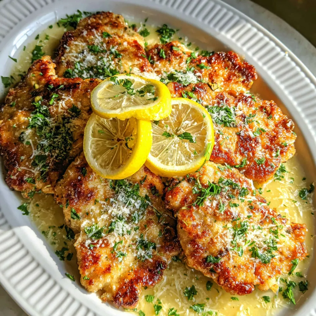 Eine Platte mit frisch zubereiteten Chicken-Streifen, die mit Parmesan-Käse und Zitrusfrüchten garniert sind.