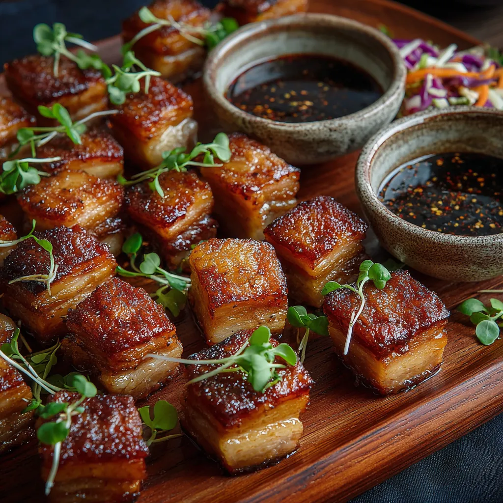 Eine Platte mit verschiedenen gegrillten Fleischstücken, darunter Bacon, auf einem Tisch.