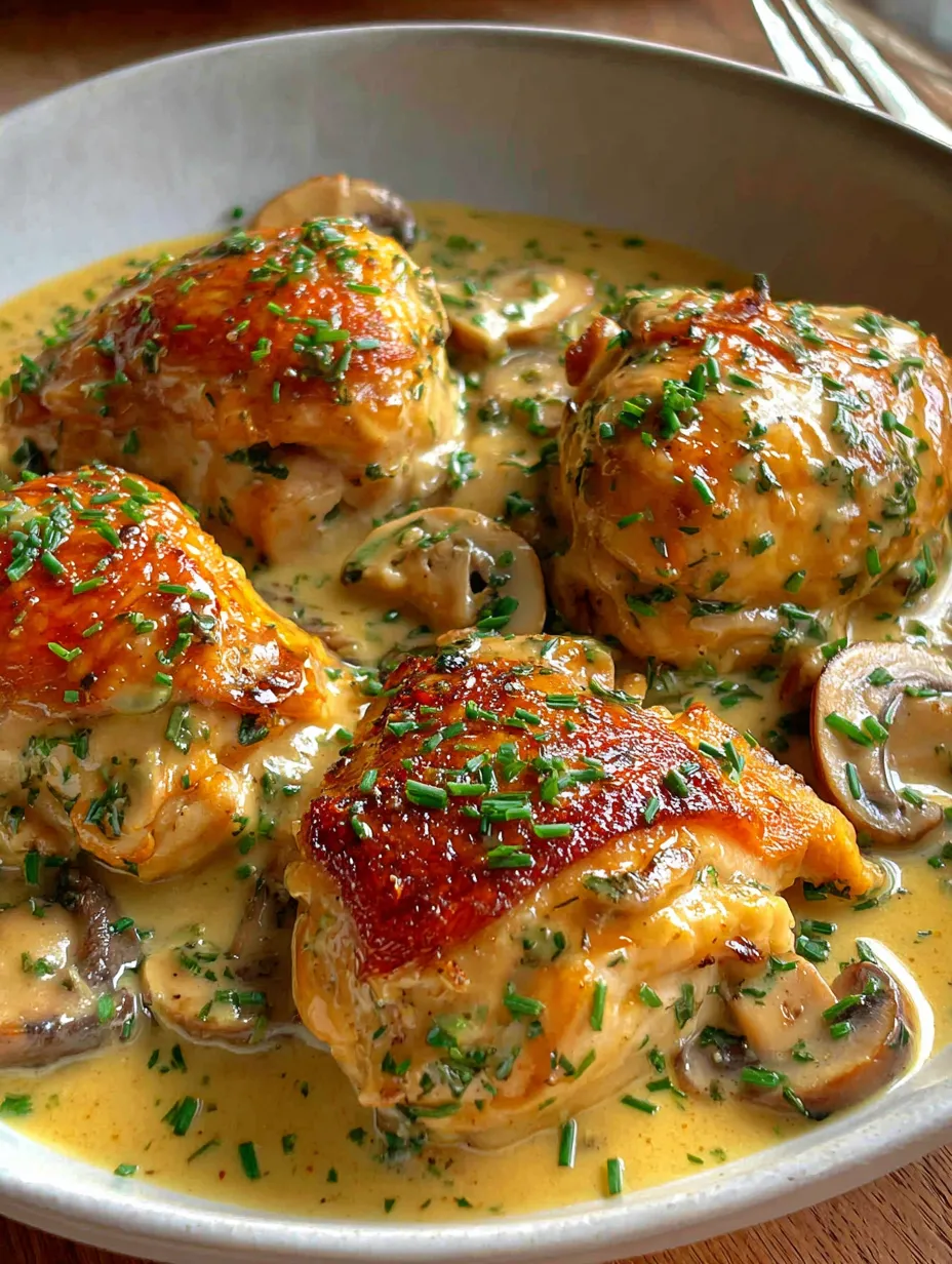 Eine Schüssel mit gegrillten Hähnchenbrust und Mushrooms, die in einer cremigen Sauce serviert werden.