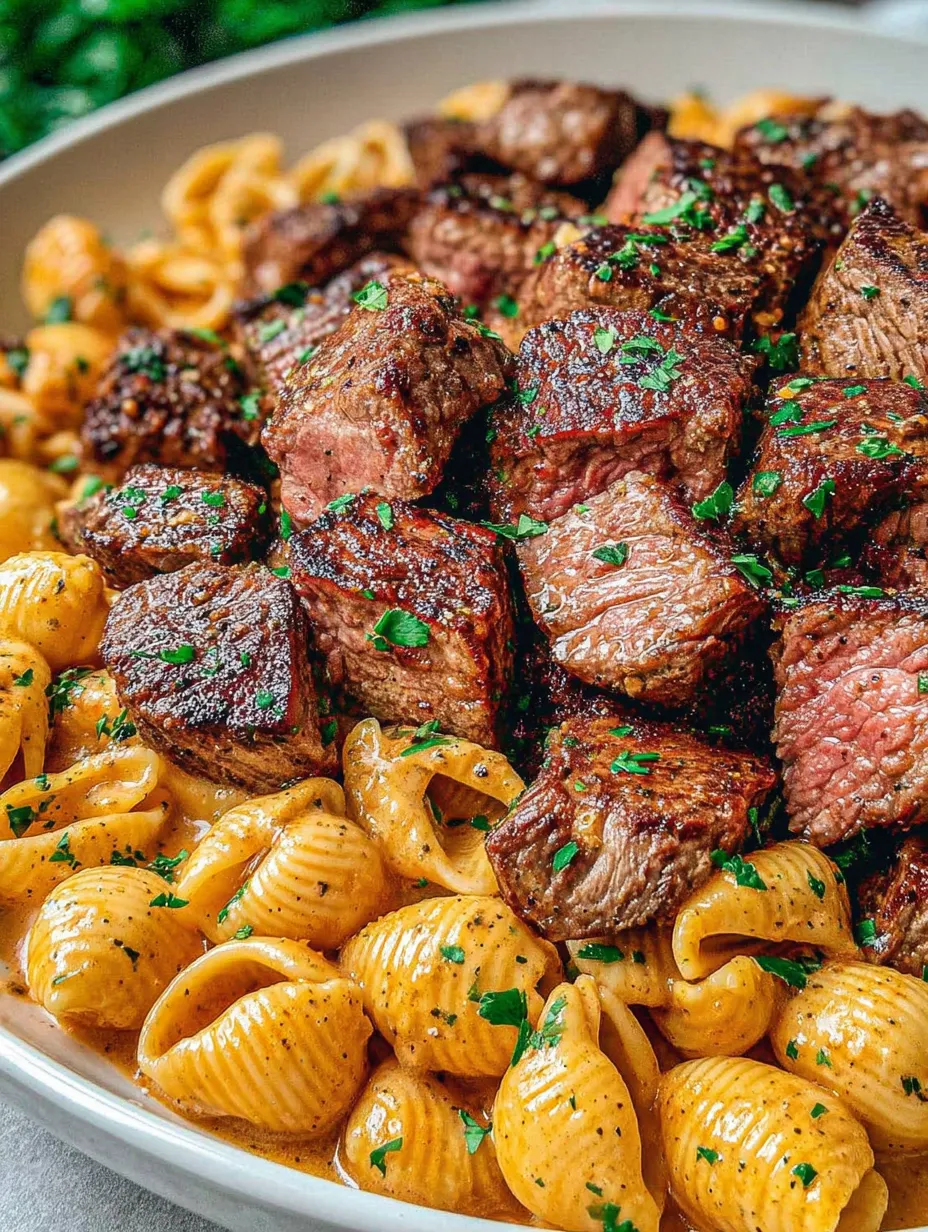 Ein Bild von einer Mischung aus macaroni und steak, garniert mit grünen Zwiebeln.