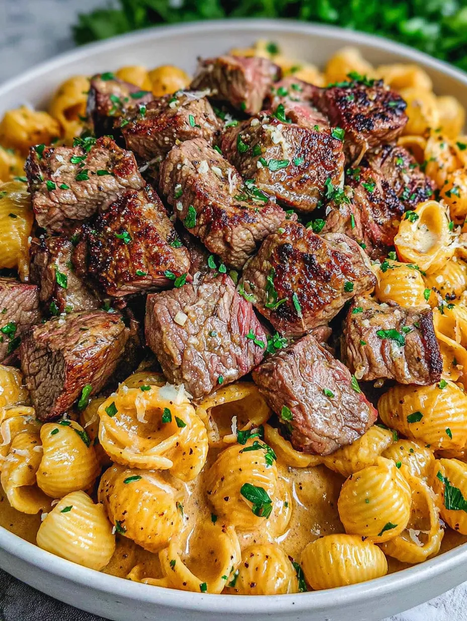 Eine Schüssel mit macaroni und steak.