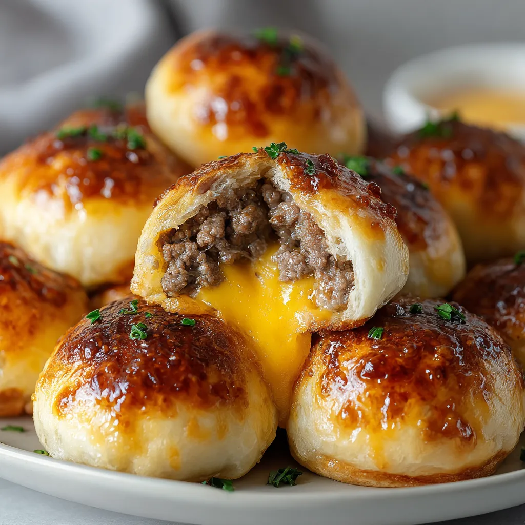 Eine Platte mit sechs golden getauchten Käsekugeln, die inmitten von grünen Zwiebeln liegen.