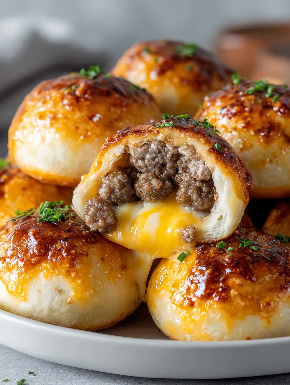 Eine Platte mit sechs golden getauchten, saurem Käse-Puffs, die inmitten von grünen Zwiebeln liegen.