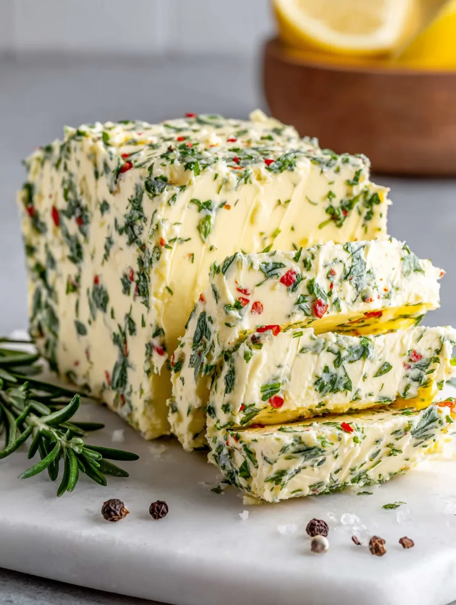 Eine Schicht Butter mit grünen Zutaten auf einem Tisch.