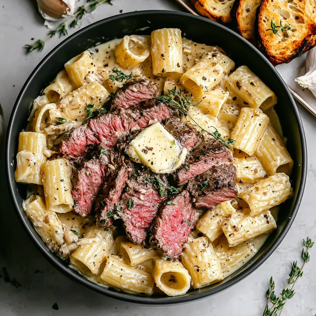 Ein schwarzes Töpfchen mit Pasta, Butter, Zwiebeln und Rindfleisch.