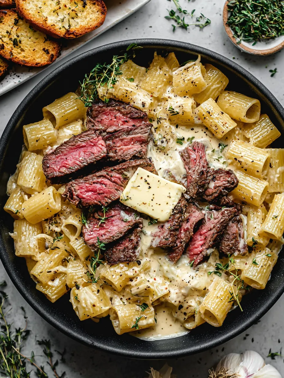 Ein BOWL mit Pasta, Käse und Rindfleisch.