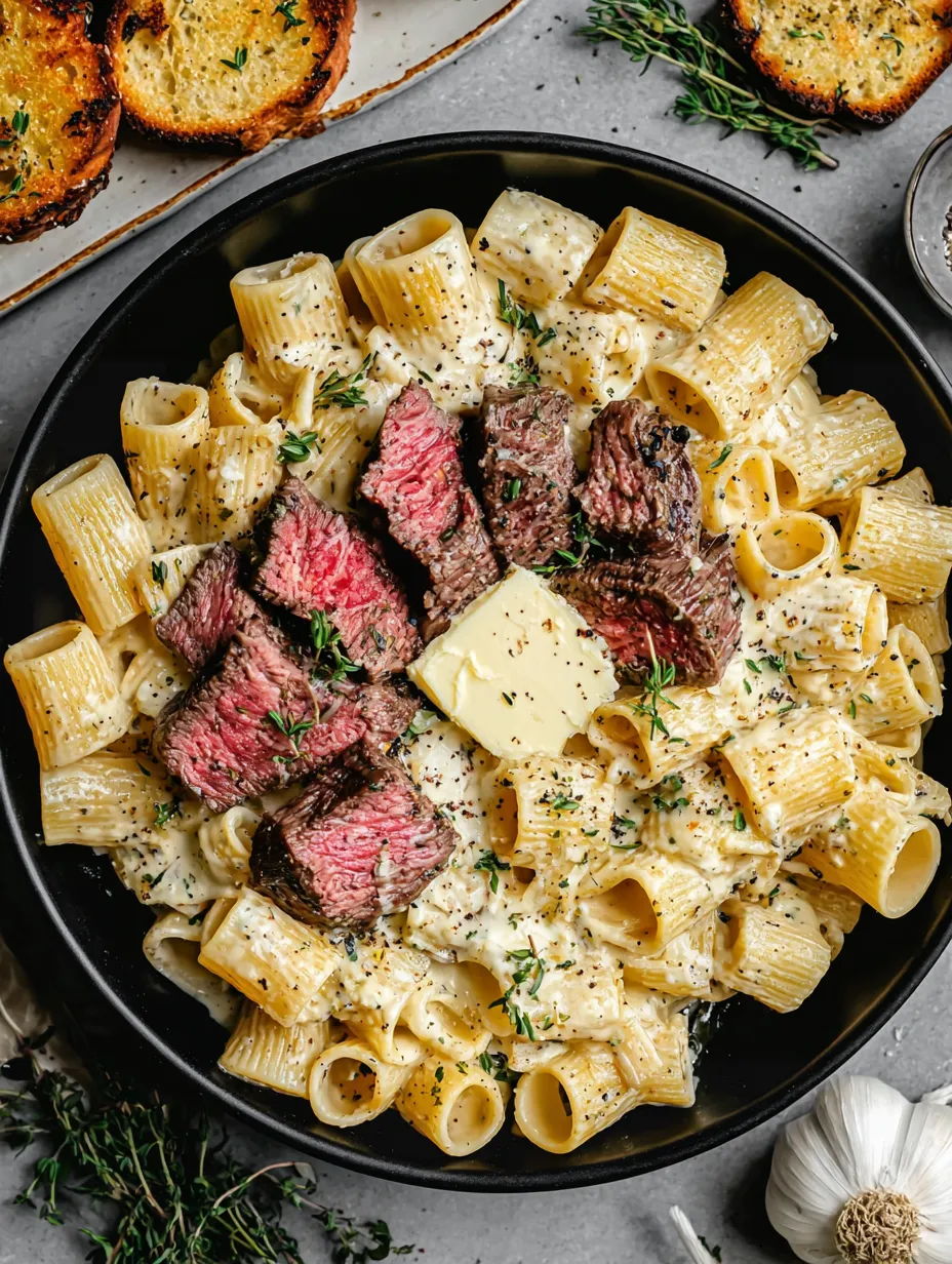 Ein Schälchen mit Pasta, Butter, Käse und Rindfleisch.