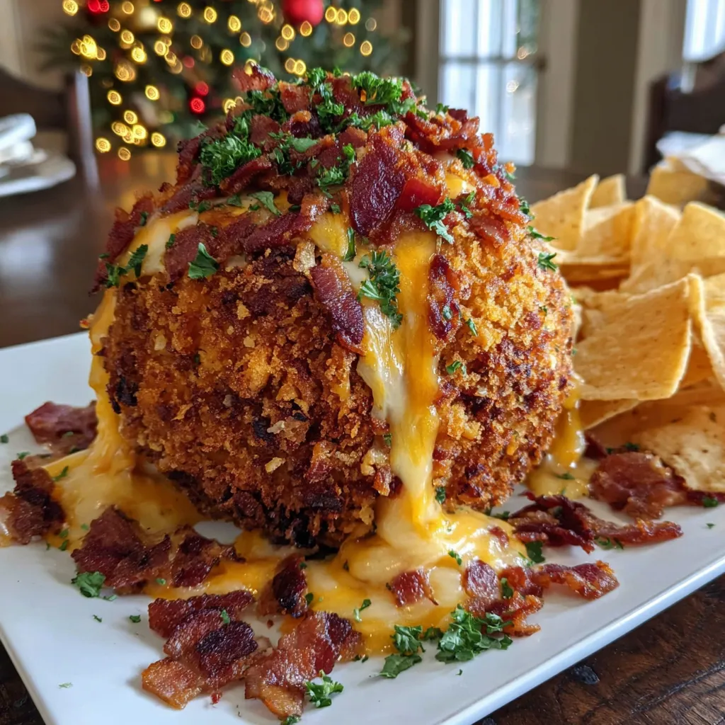 Eine große Bacon-Kugel mit Ketchup und Pommes frites auf einem Teller.