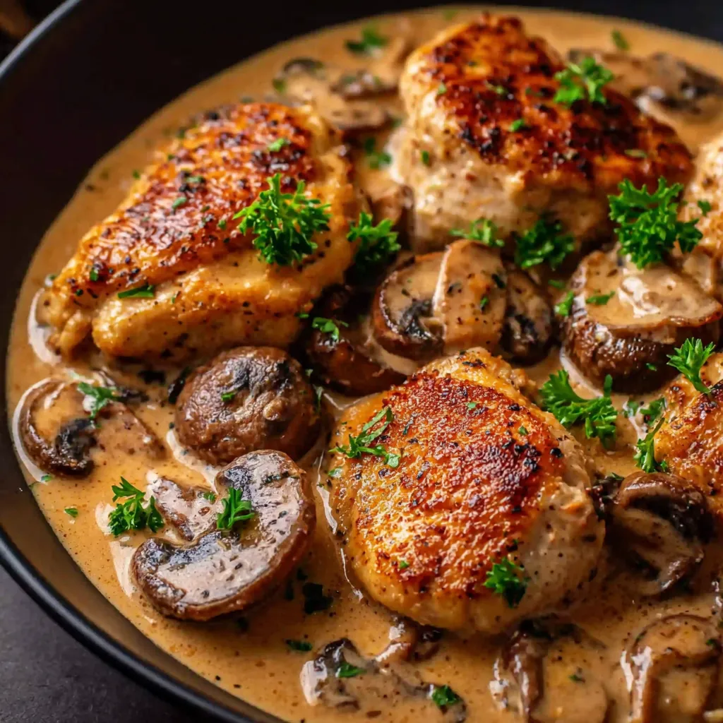 Ein Schüssel mit gegrilltem Fleisch, Mushrooms und Zwiebeln.