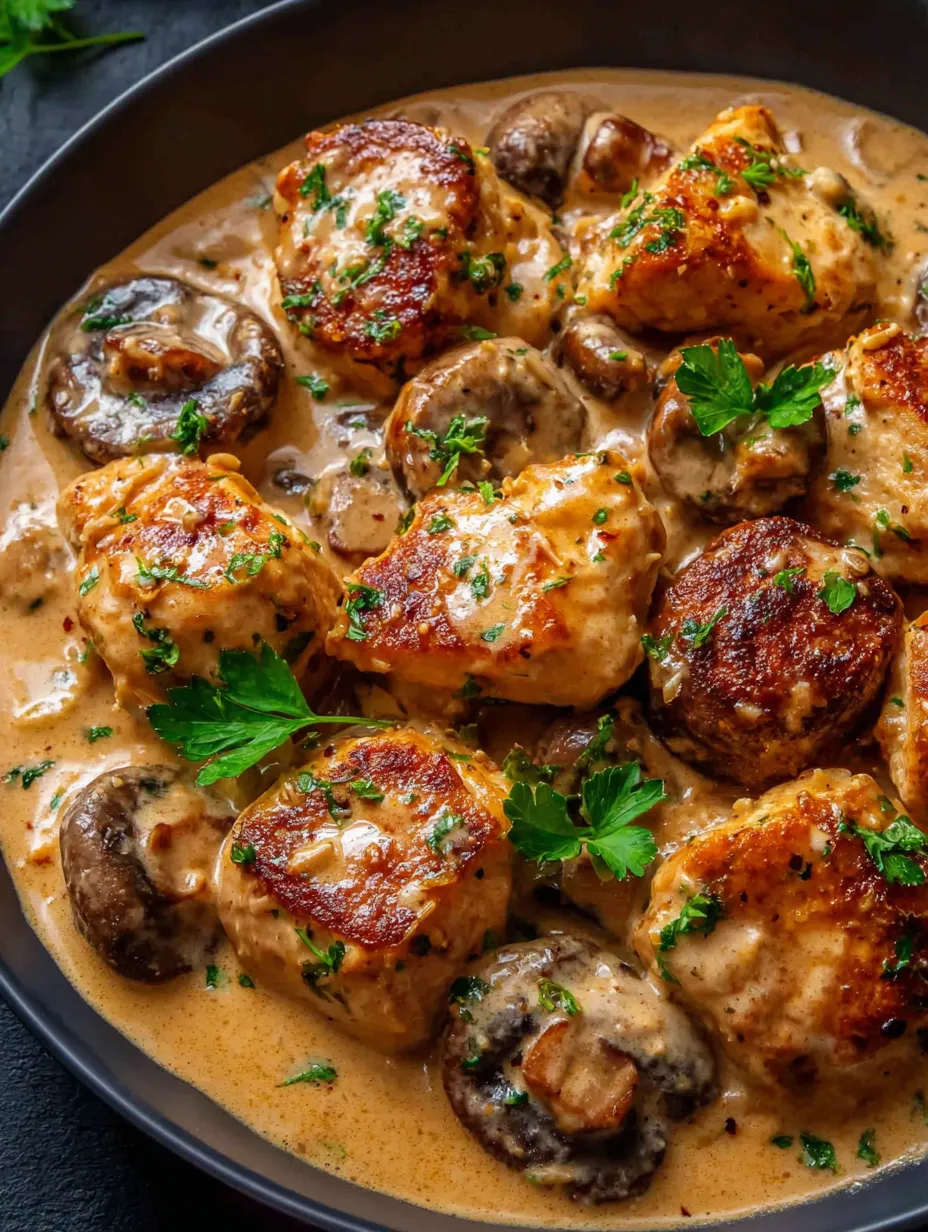Ein Bild von einer Schüssel mit Mushrooms und Chicken.
