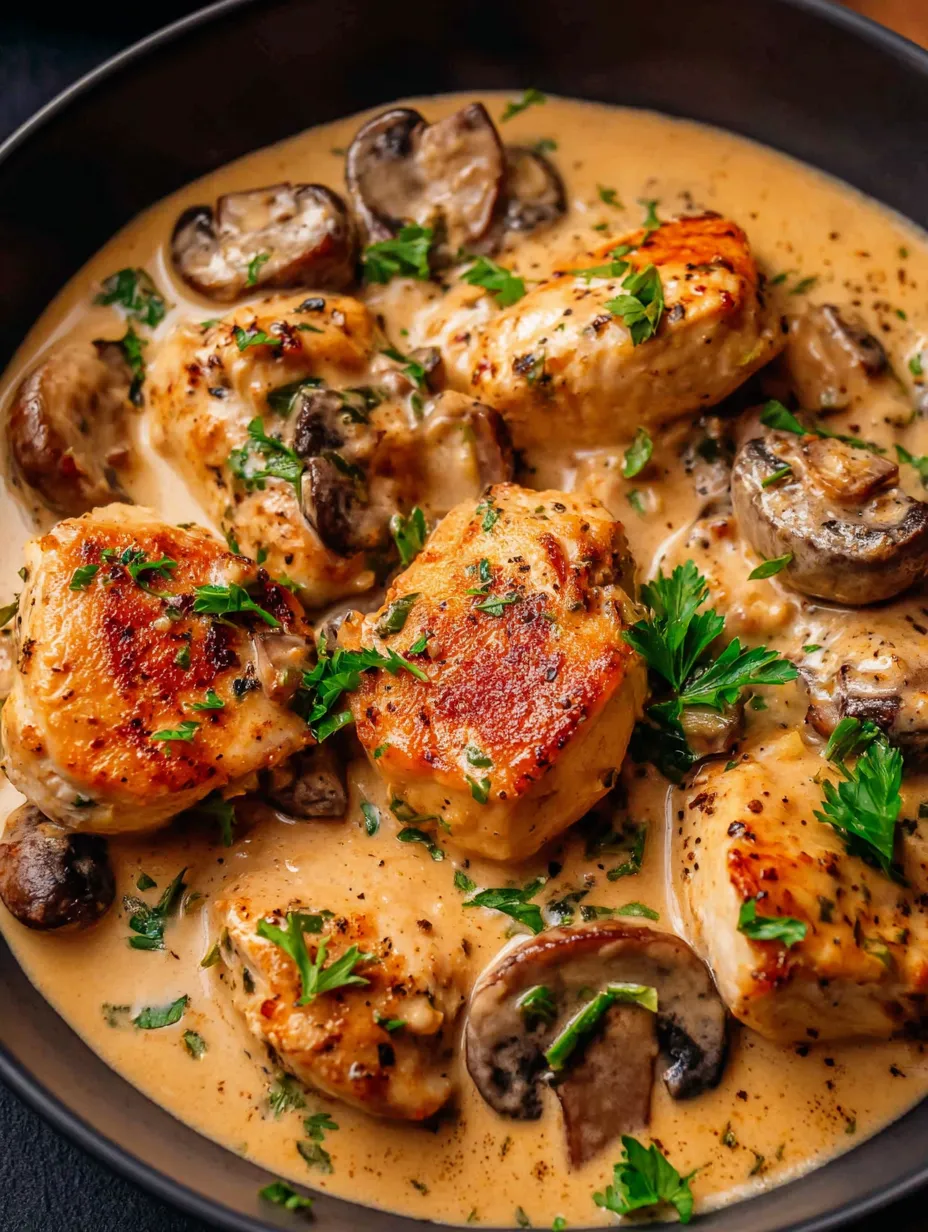 Ein Bild von einer Schüssel mit Chicken und Mushrooms.