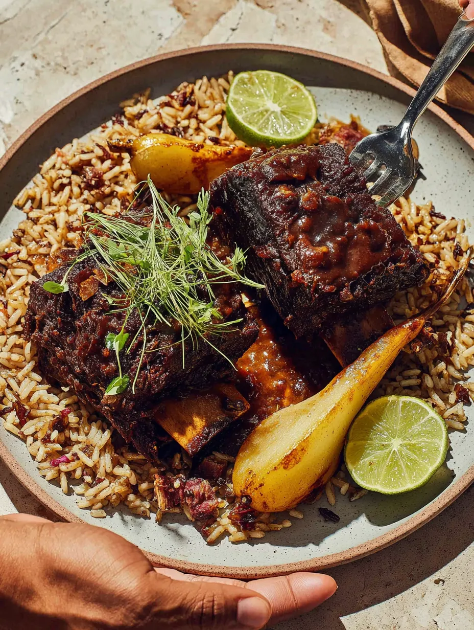 Ein Plate mit Rice, Steak, Lime und Zwiebeln.