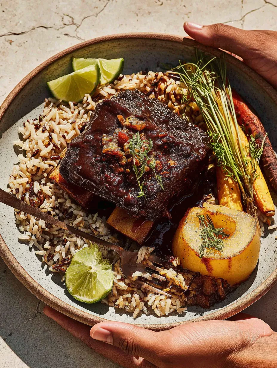 Ein gro&szlig;es, farbenfrohes Gericht auf einem Teller, das aus Rice, Meat, Zwiebeln, Karotten und Limes besteht.