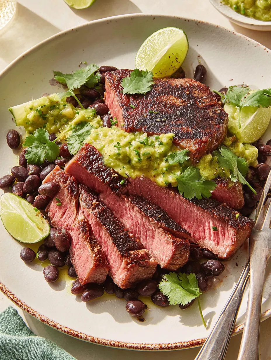 Ein steak mit grünen Zwiebeln und Limetten auf einem Teller.