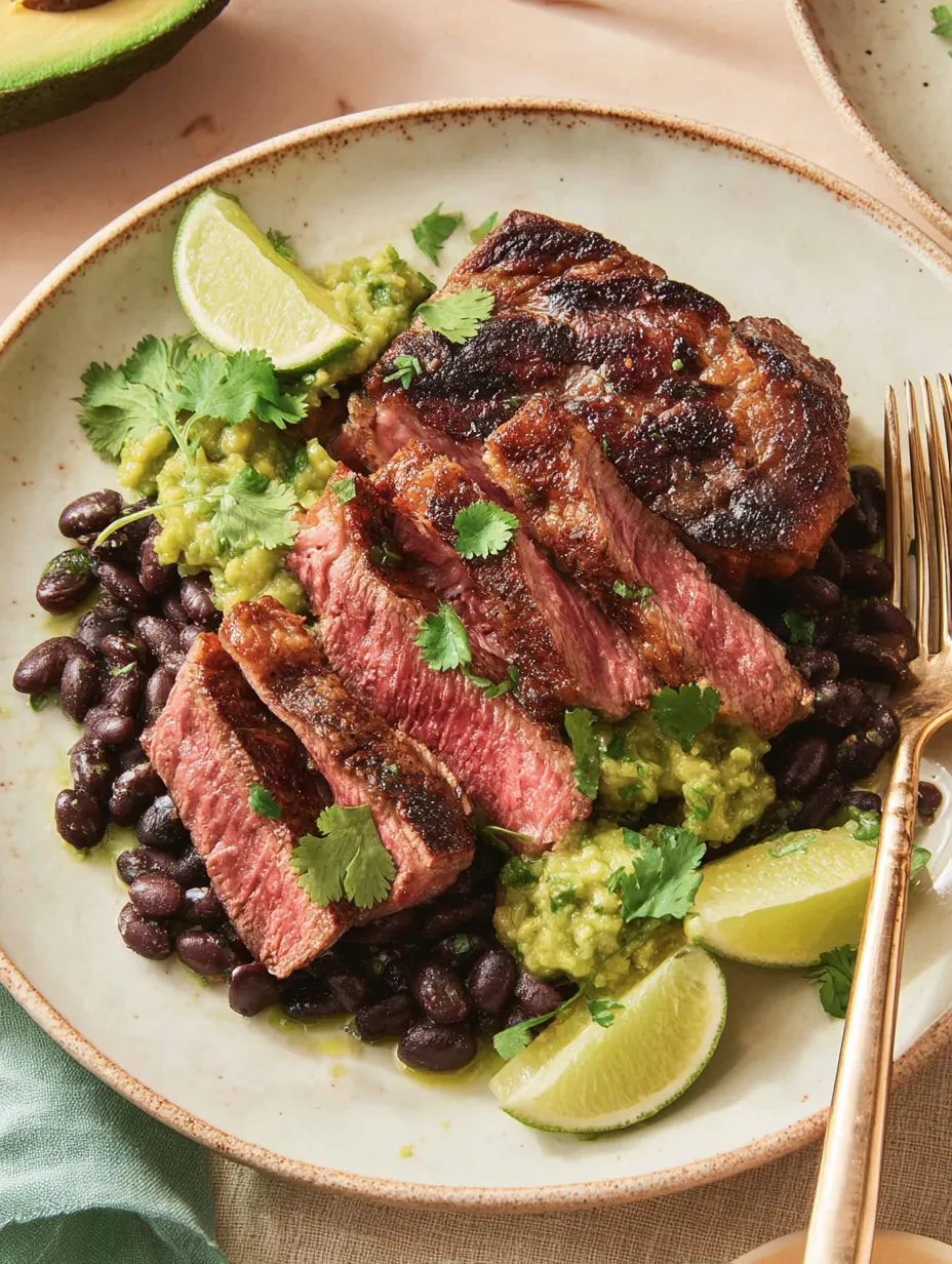 Ein Plate mit Steak und Beans.