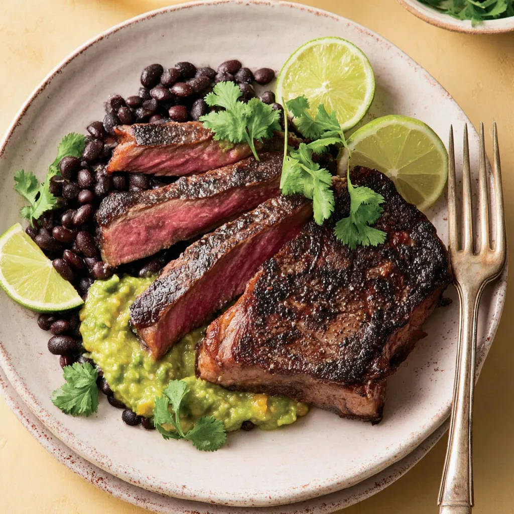Ein Plate mit Steak, Beans, Lime und Parsley.