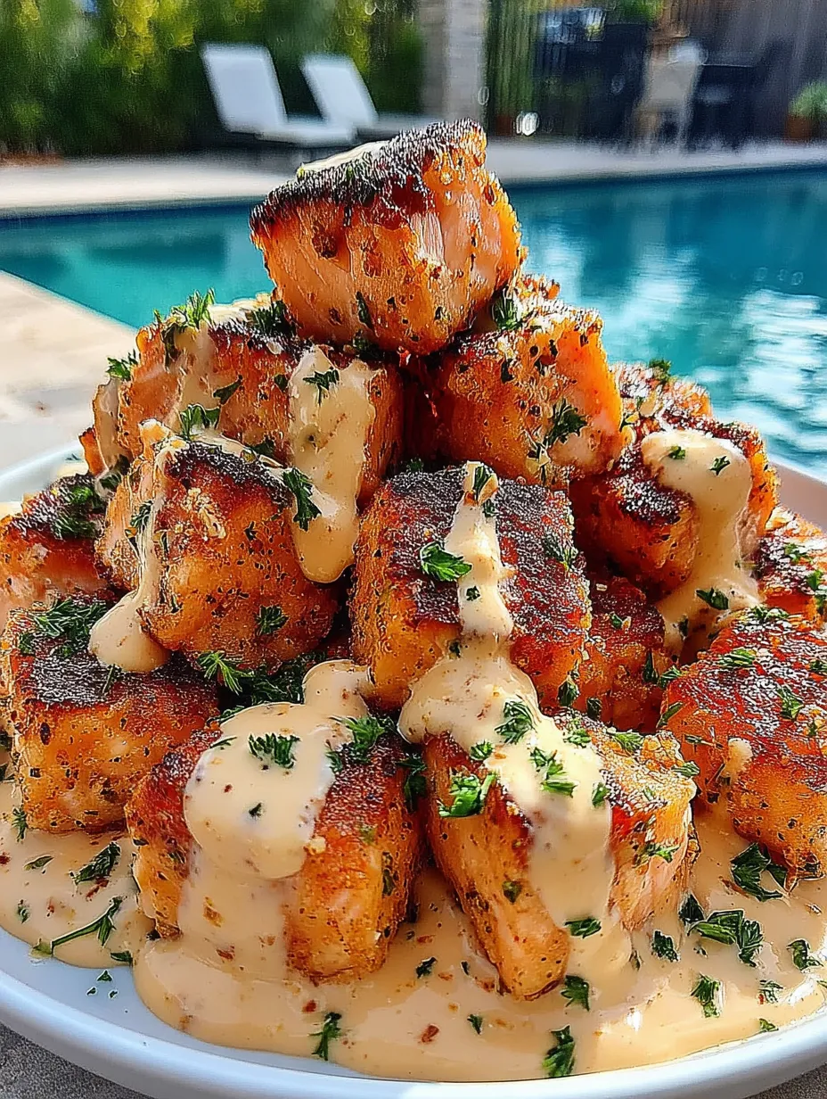 Eine Platte mit einer Pyramide aus gebratenem Fleisch, die mit Sauce und Kräutern garniert ist.