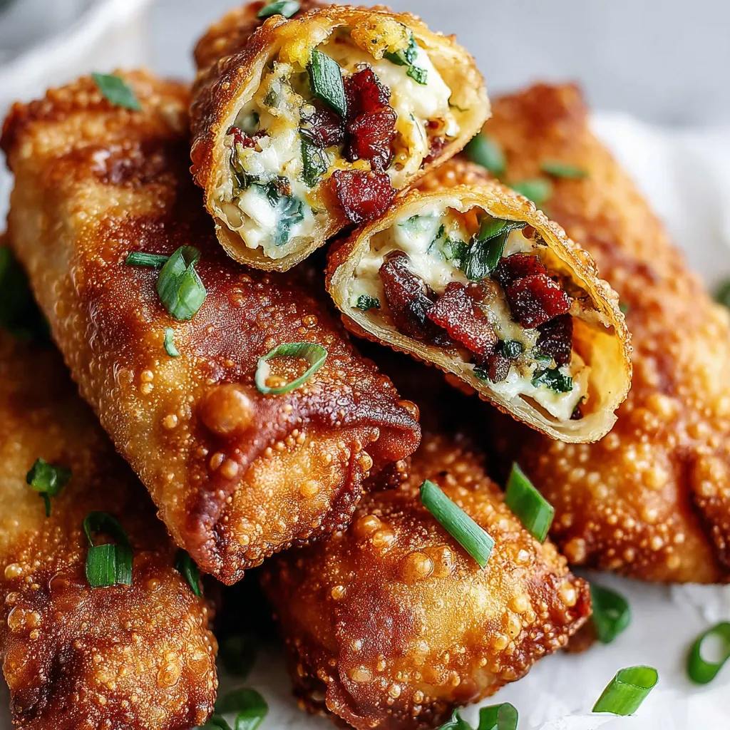Ein Stapel von Egg Rolls mit verschiedenen Zutaten wie Käse, Zwiebeln und Tomaten.
