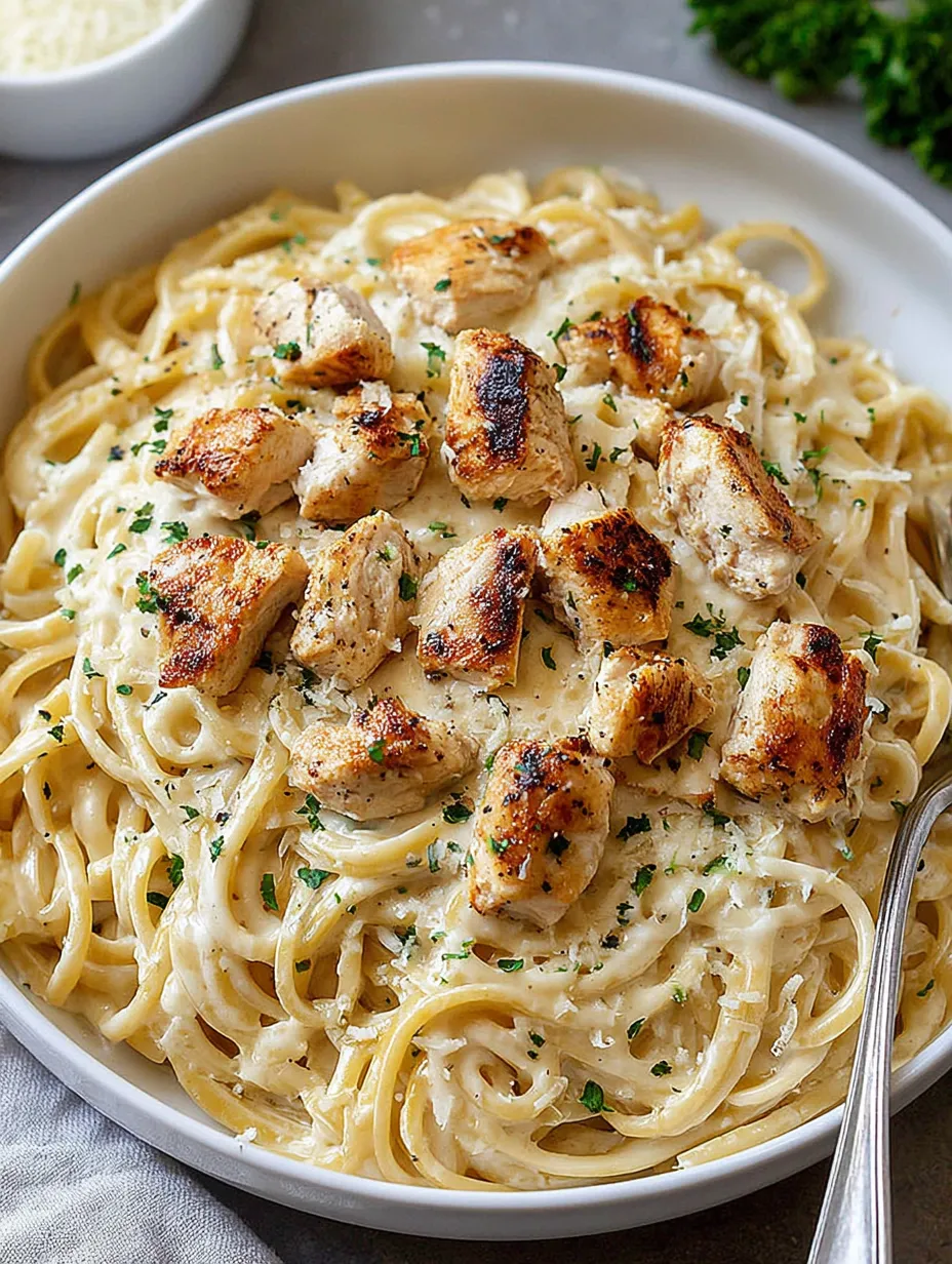 Ein wei&szlig;er Teller mit Pasta und Chicken.