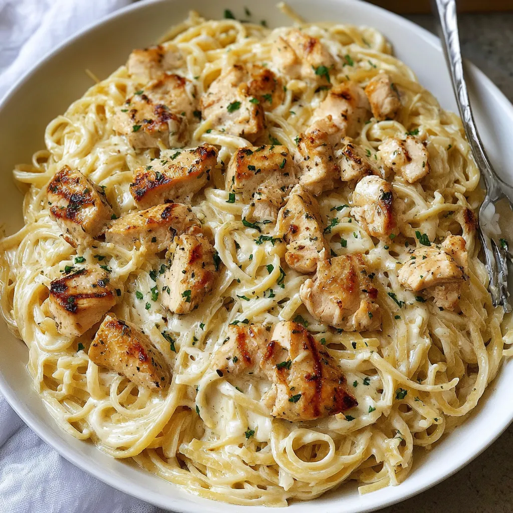 Ein weißer Teller mit Pasta und Chicken.