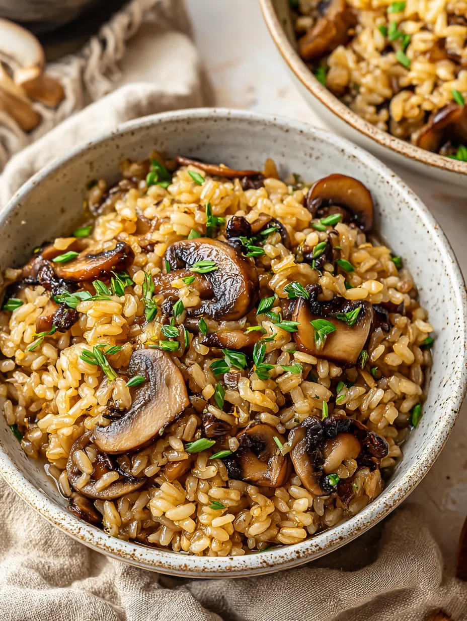 Ein großer, dunkler, mit Rice und Mushrooms gefüllter Topf auf einem Tisch.