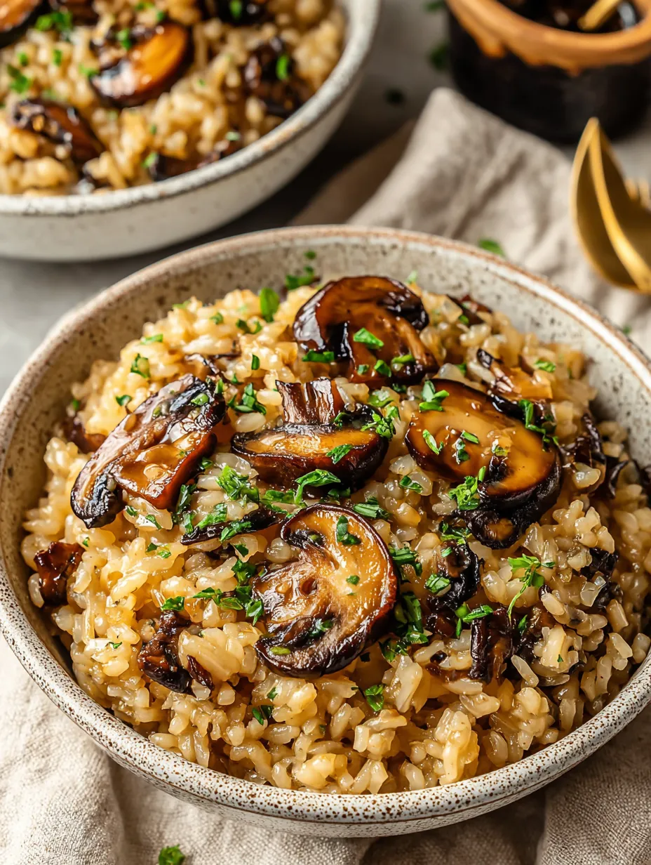 Ein Glas mit Reis und Mushrooms.
