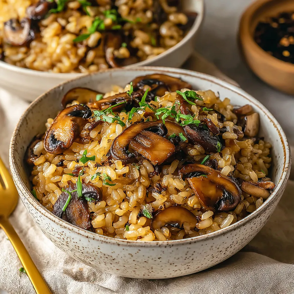 Ein großer, glatter, weißer Teller mit einer Mischung aus Reis, Mushrooms und Zwiebeln.