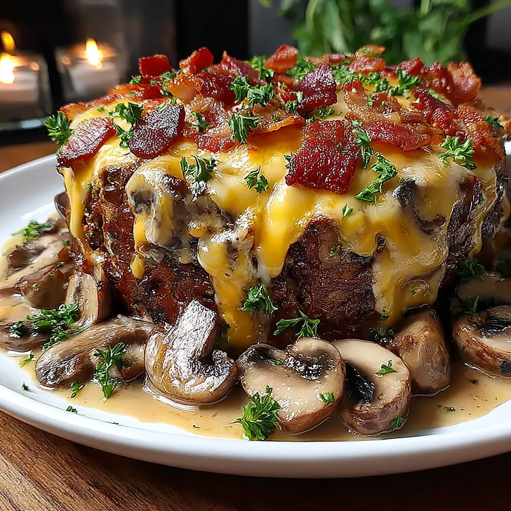 Eine Schüssel mit einer Mischung aus Käse, Bacon und Champignons.