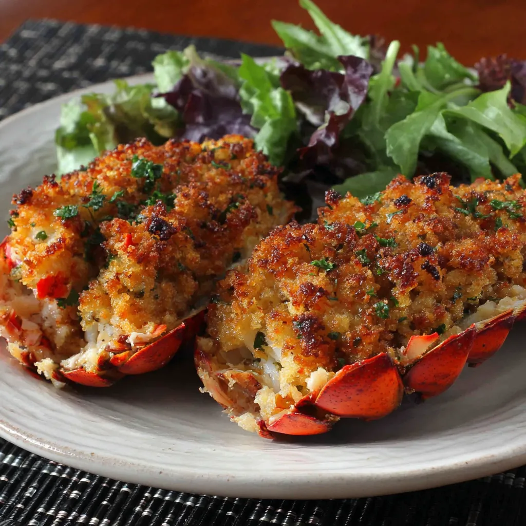Ein Plate mit zwei frisch zubereiteten Crabcakes, die mit Salat garniert sind.