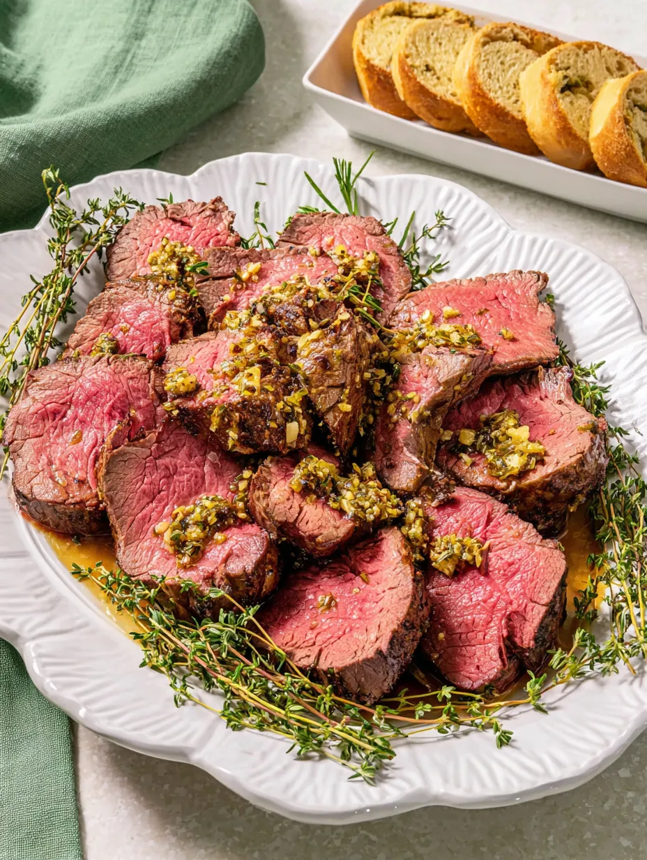 Ein weißer Teller mit rohem Fleisch, Gewürzen und Kräutern darauf.