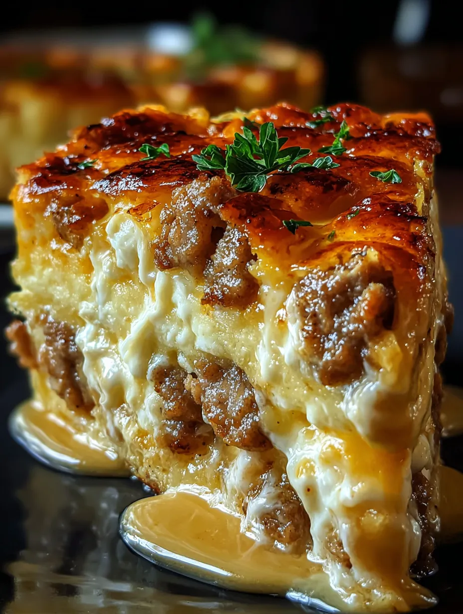 Eine Schicht von Käse und Sauce auf einem Dessert.