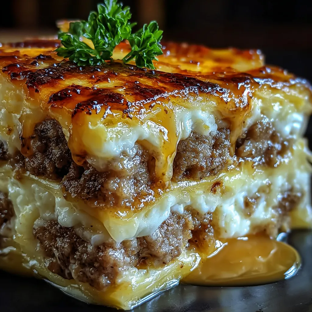 Eine Schicht von Käse und Fleisch auf einem Teller.