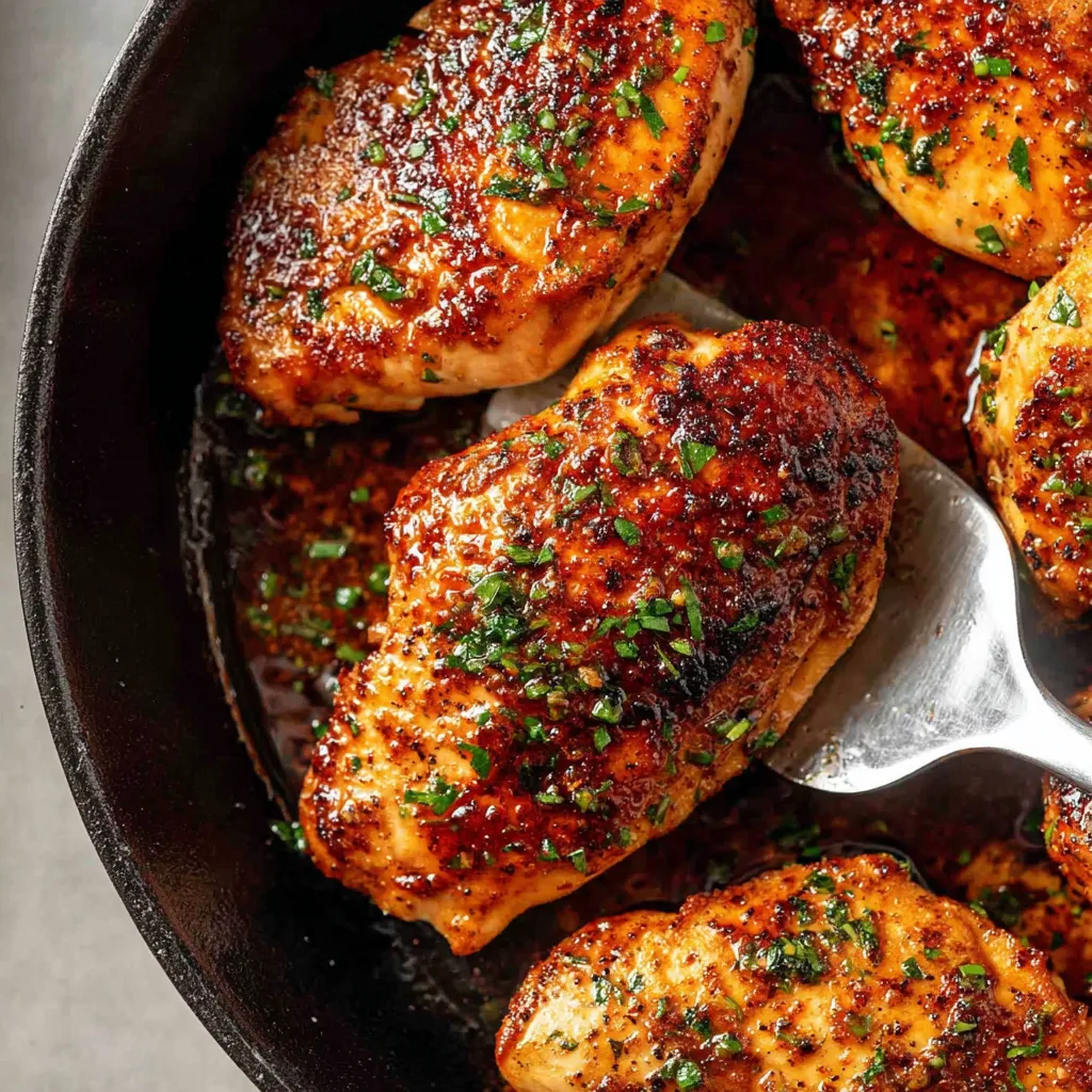 Eine Schüssel mit schwarz-weißen Chicken-Stücken, die in einer Sauce gart.