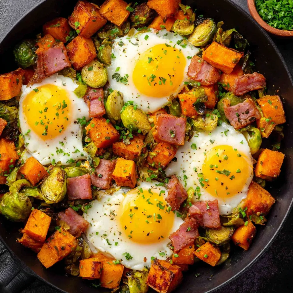 Ein schwarzes Töpfchen mit einer Mischung aus Eiern, Brühe, Zwiebeln, Paprika, Kartoffeln und anderen Zutaten.